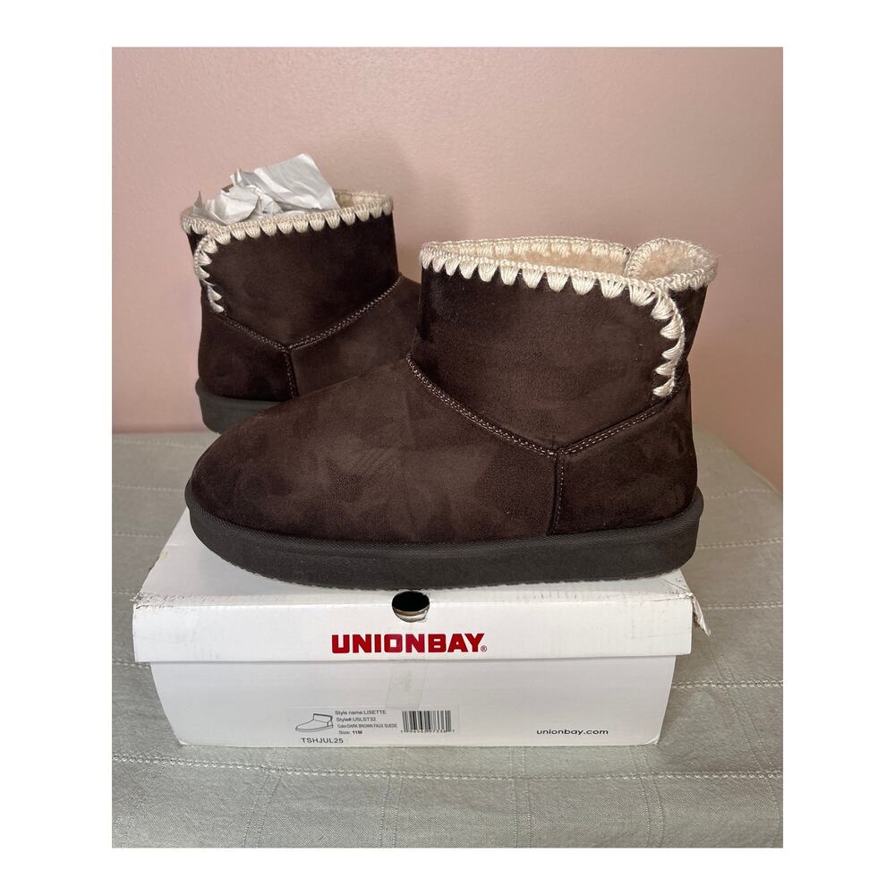 Unionbay Lisette Women's Dark Brown Faux Suede Faux Fur Lined Ankle Boot Sz 11 M